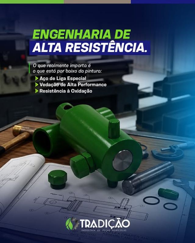 Post: Engenharia de alta resistência, cilindro verde sobre desenho técnico
