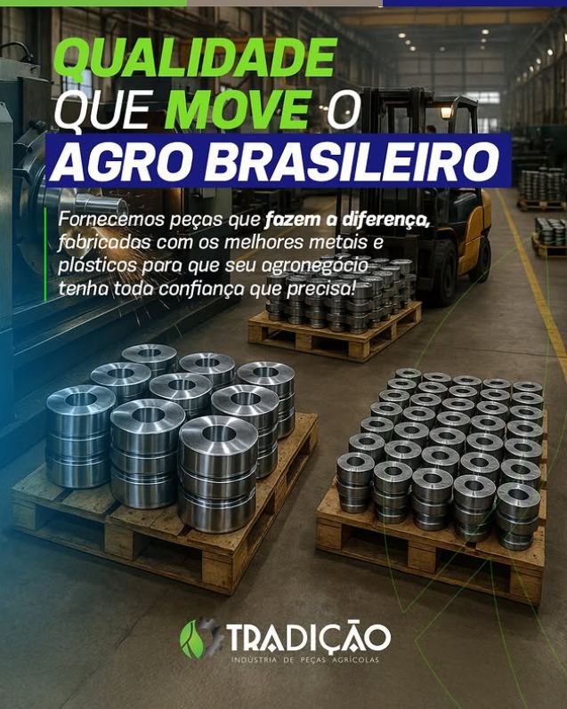 Post: Qualidade que move o agro brasileiro, peças usinadas em paletes na fábrica